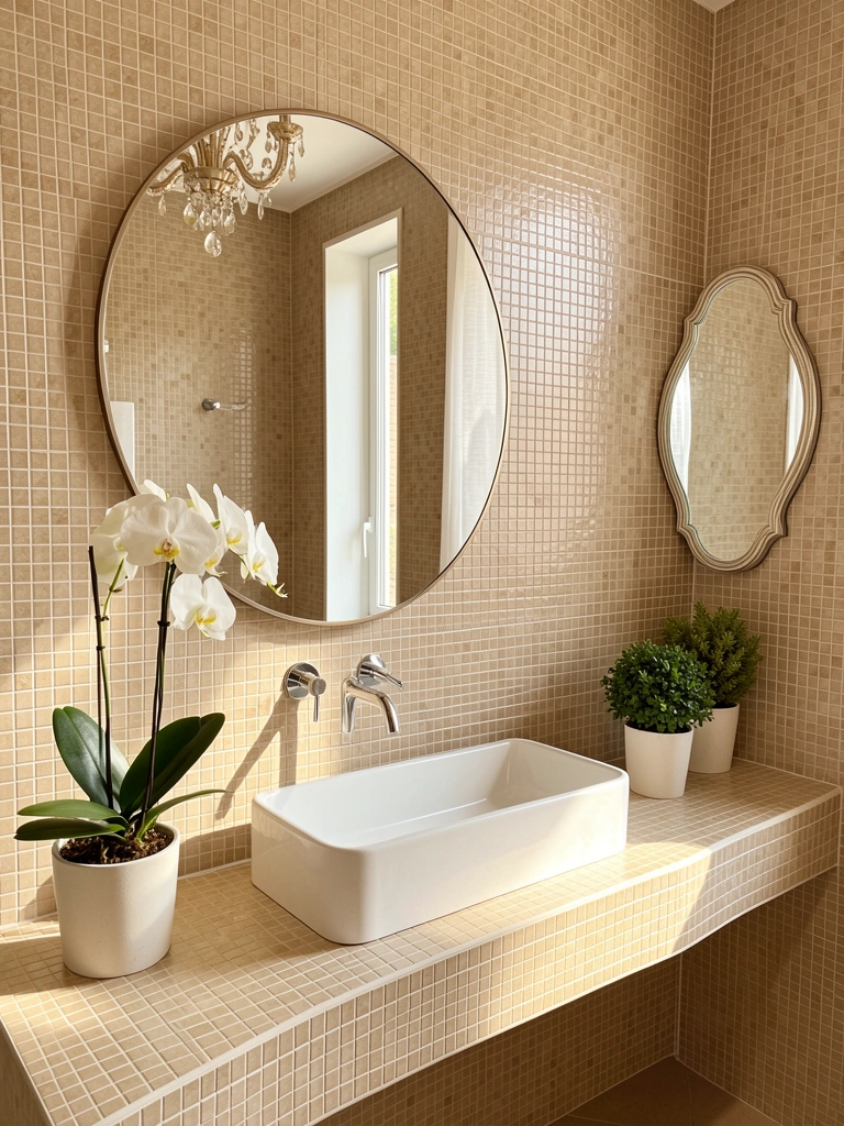 Lavabo com pia branca alongada, torneira cromada e vaso de orquídea sobre bancada curva revestida de pastilhas bege, sob luz natural que realça a textura do mosaico.