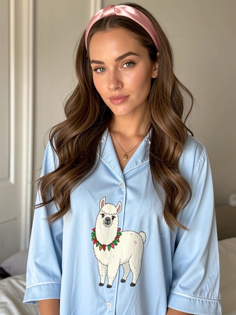 Mulher de pijama azul claro com lhama de guirlanda, headband rosa cetim e cabelo castanho fluido, luz natural suave destacando texturas.