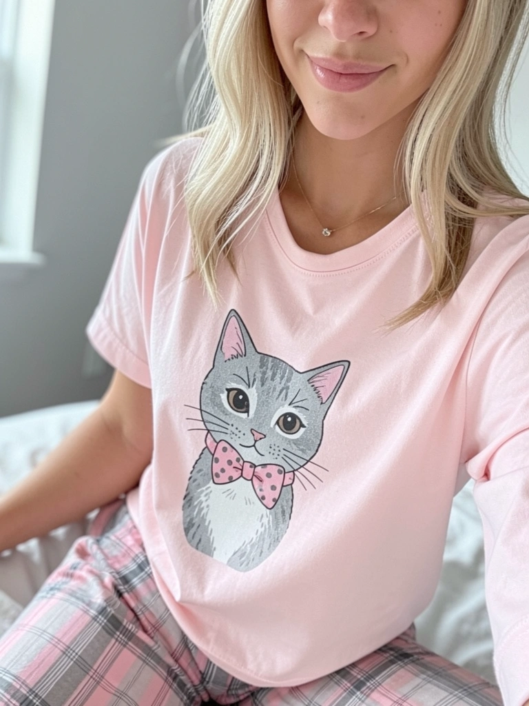 Jovem de cabelo loiro em pijama rosa claro com estampa de gato cinza e laço poá, detalhe de colar, fundo desfocado com parede cinza e janela.