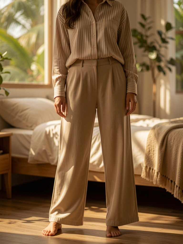 Mulher de blusa listrada e calça bege larga em pé descalça em quarto com luz natural e sombras suaves.