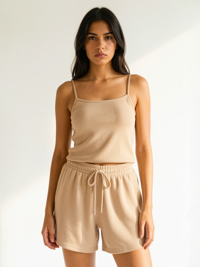 Mulher de cabelo escuro e expressão séria, top de alça bege com textura canelada e shorts de amarrar, fundo branco iluminado por luz natural suave.