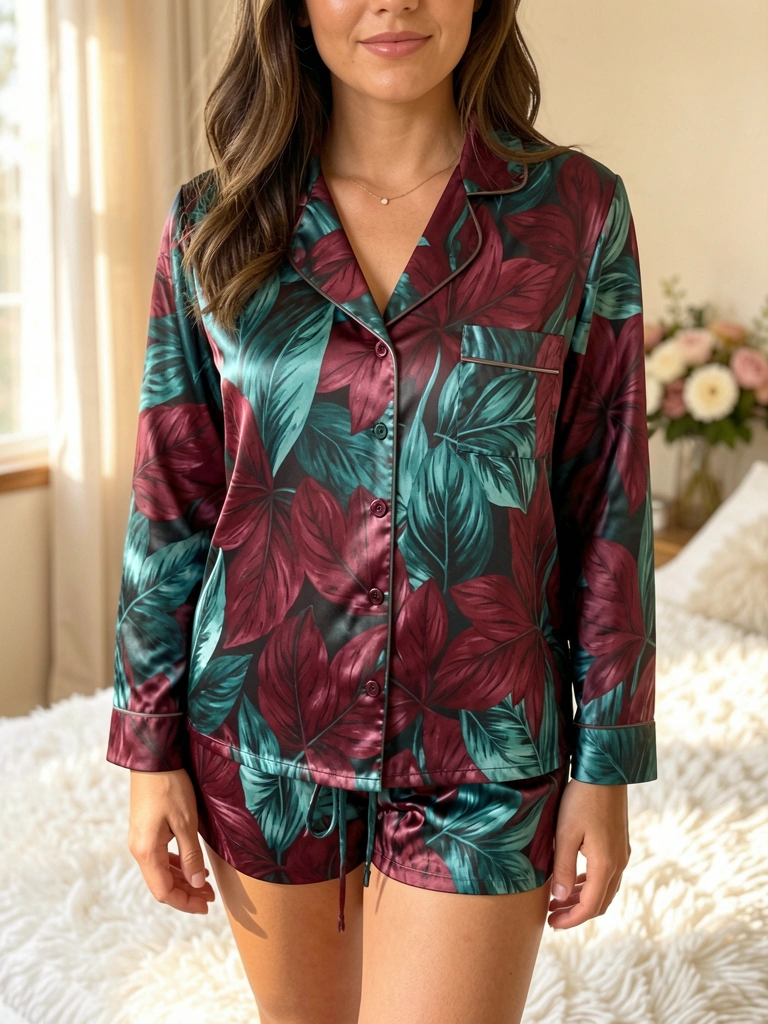 Seda acetinada com estampa de folhas vinho e azul-petróleo em pijama feminino, luz natural filtrada e carpete branco ao fundo.