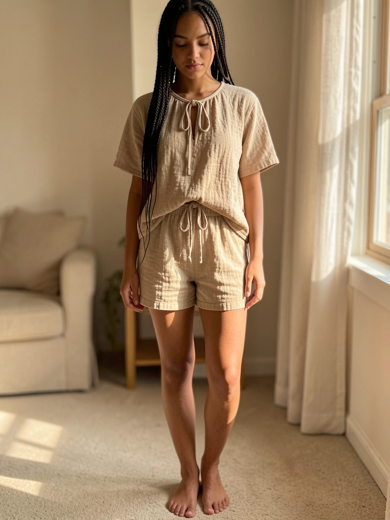 Tranças escuras, blusa e shorts bege de algodão texturizado com amarração no decote, luz natural filtrada por janela.