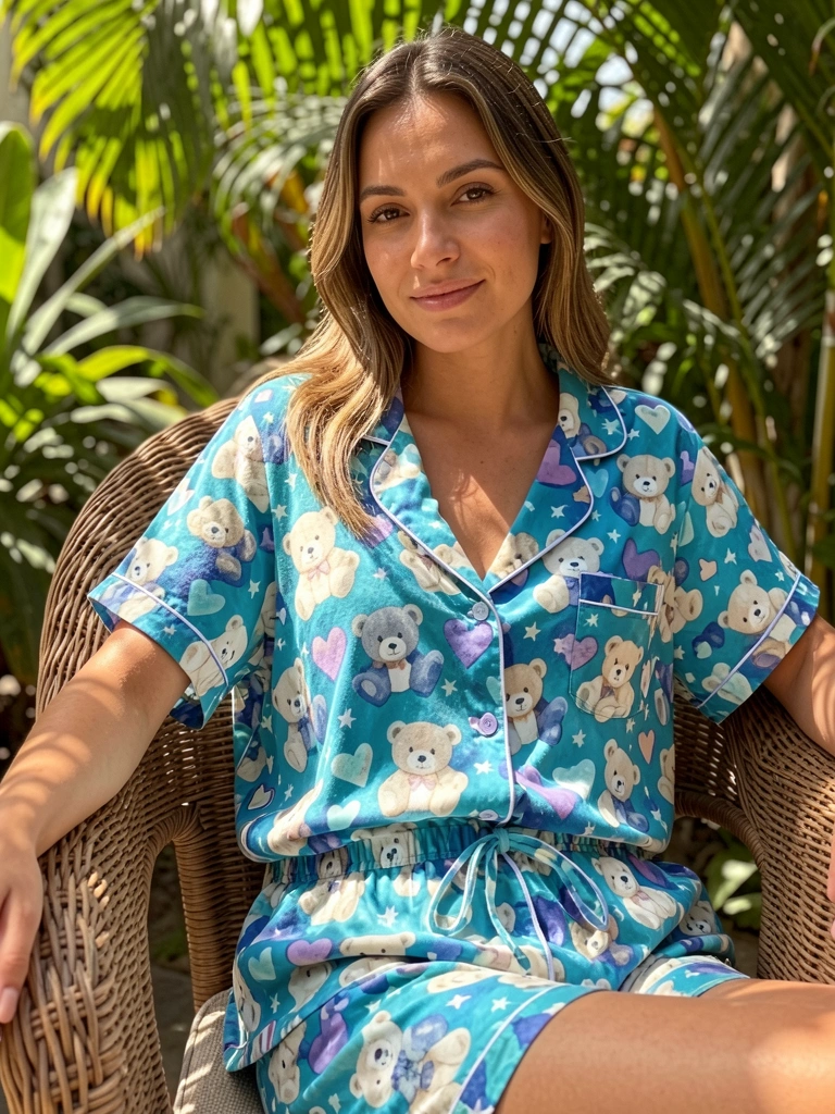 Mulher sentada em cadeira de vime com pijama azul e branco estampado de ursos, corações e estrelas, luz natural filtrada por folhas.