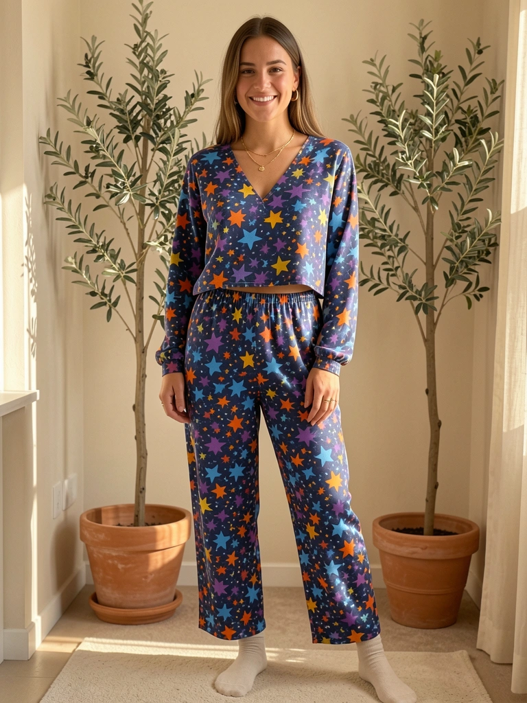 Macacão estampado com estrelas azuis, roxas, laranjas e amarelas, mulher sorrindo com joias douradas e oliveira em vaso ao fundo, luz natural suave.