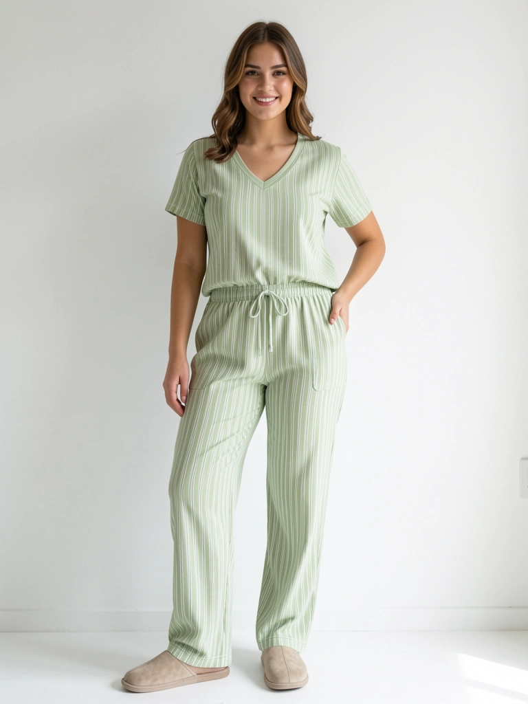 Jovem em camiseta verde-clara listrada verticalmente e calça de pijama combinando, tecido com amarração na cintura, chinelos claros, fundo branco e luz natural suave.
