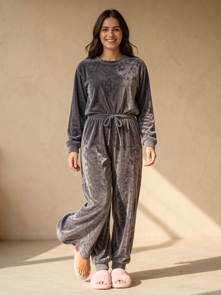 Mulher sorrindo em pijama veludo cinza e pantufas rosa, luz natural suave, fundo bege desfocado.
