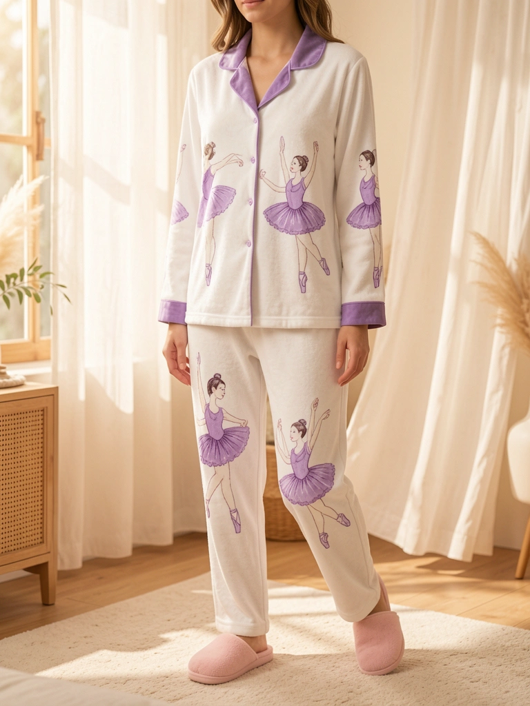 Pijama blush com estampa de bailarina em tecido felpudo, mulher em quarto com luz difusa e chinelo rosa claro.