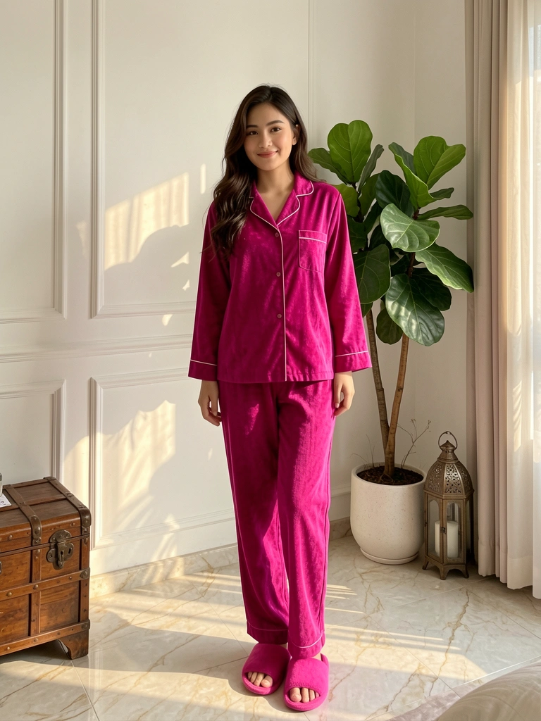 Magenta pajama set com textura felpuda em quarto com piso de mármore claro, parede com moldura e planta verde ao fundo, luz natural suave.