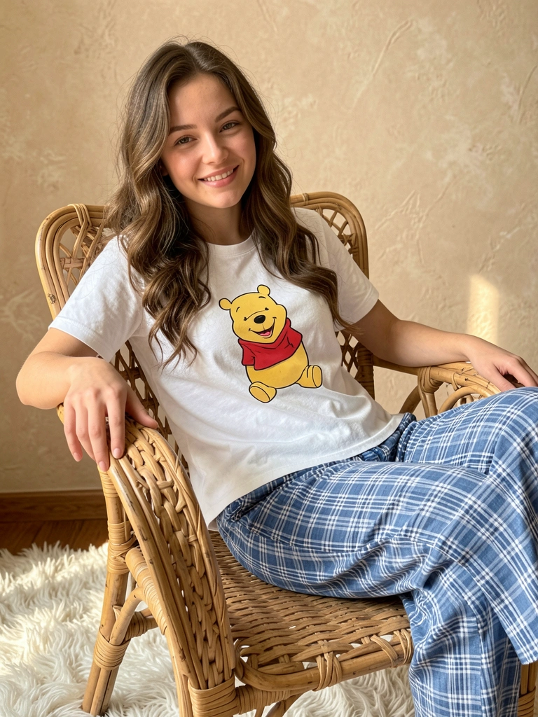 Jovem com pijama listrado azul e branco sentada em poltrona de rattan, luz natural suave, tapete felpudo e parede texturizada.