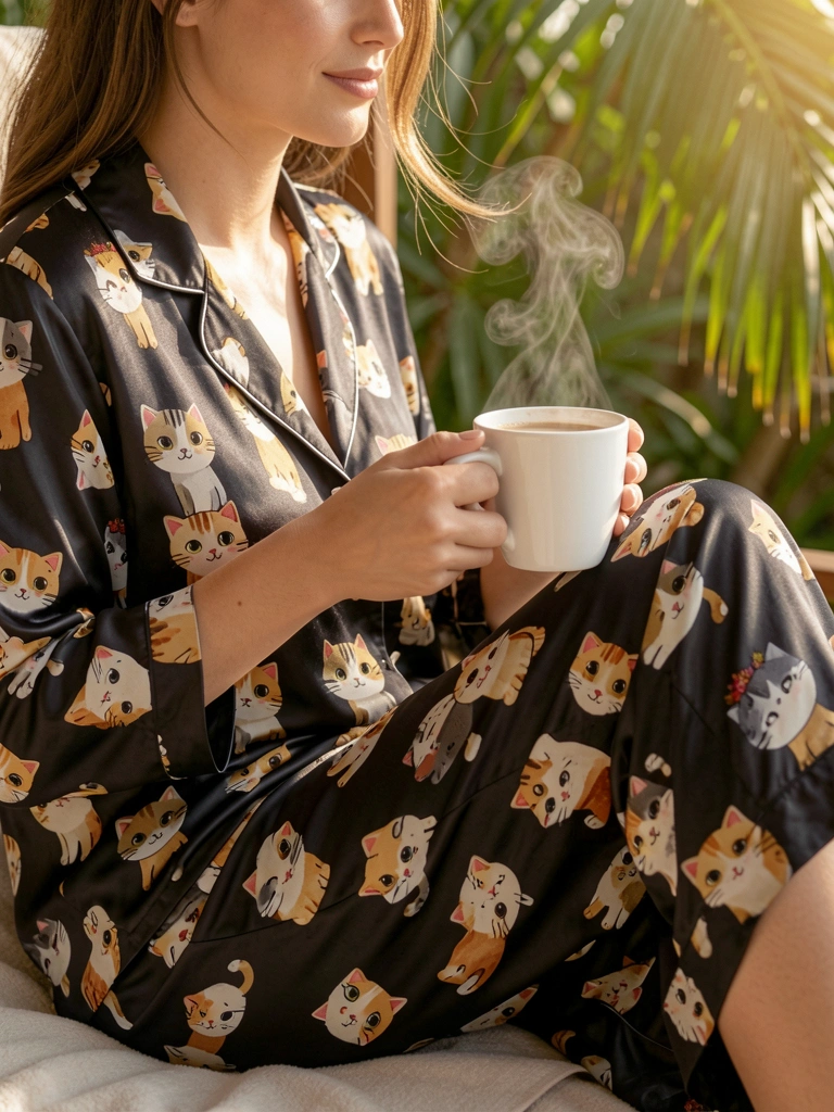Pijama preto de seda com estampa de gatos, mulher segurando caneca branca de café, luz natural filtrada e fundo tropical.