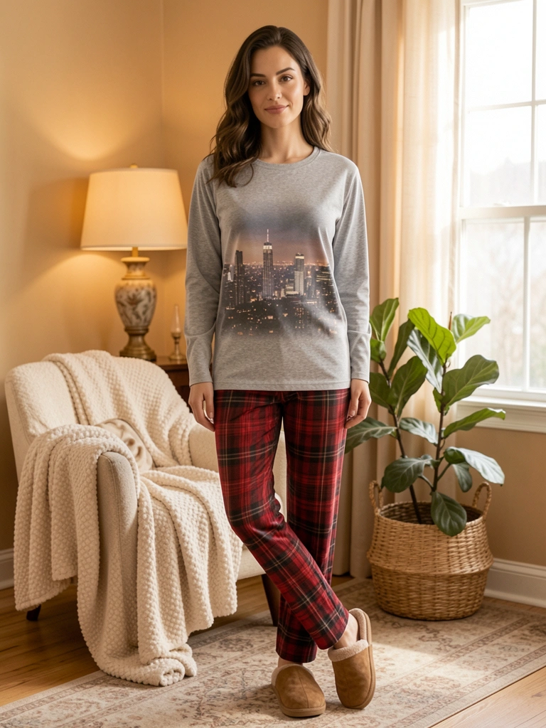 Mulher de camisa cinza com estampa de cidade e calça xadrez vermelha e preta em quarto iluminado por luz difusa, com manta texturizada sobre cadeira, abajur e vaso com planta ao fundo.