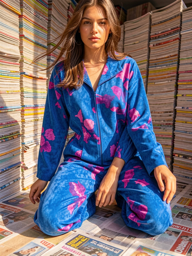 Jovem de macacão azul de camurça com estampa floral em chão de jornal, luz natural e pilhas coloridas ao fundo.