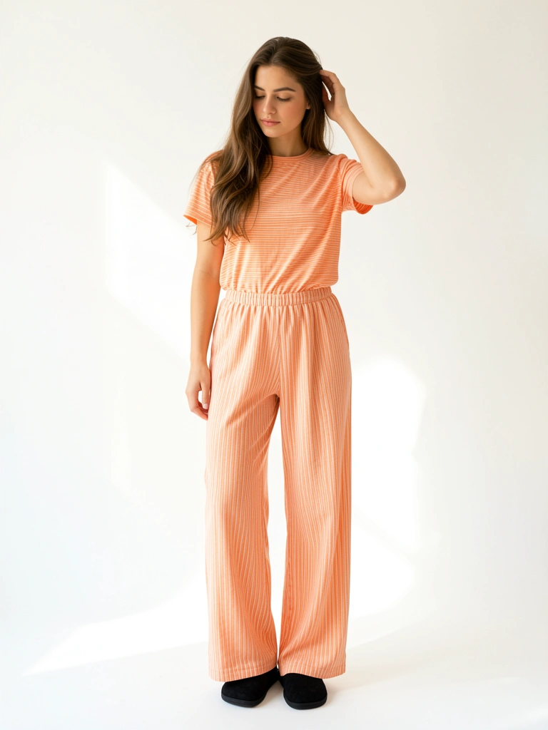 Mulher de cabelo castanho, camiseta listrada pêssego e calça wide-leg combinando, mão no cabelo em pose natural contra fundo branco, luz natural suave.