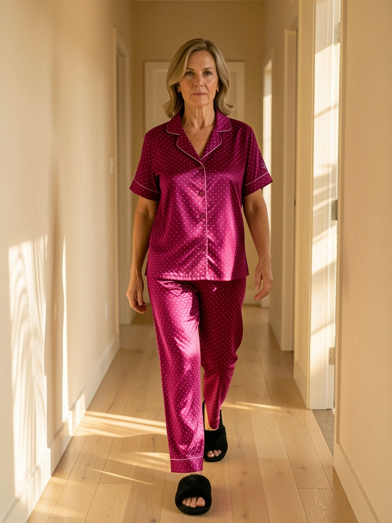 Mulata de pijama magenta de bolinhas e chinelos pretos felpudos caminha em corredor de madeira clara com luz natural difusa.