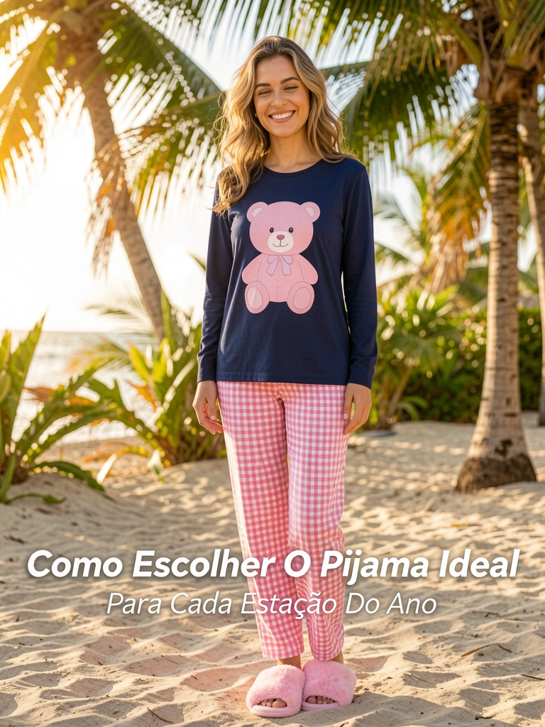 Mulher com pijama azul marinho de mangas longas e estampa de ursinho rosa, calça xadrez rosa e branca, chinelos felpudos rosa, sorrindo sob luz natural tropical.