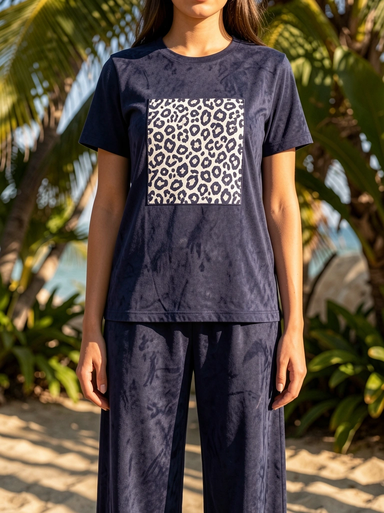 Mulher com pijama azul marinho e estampa de leopardo, em pé com braços ao lado, luz natural filtrada criando sombras suaves.