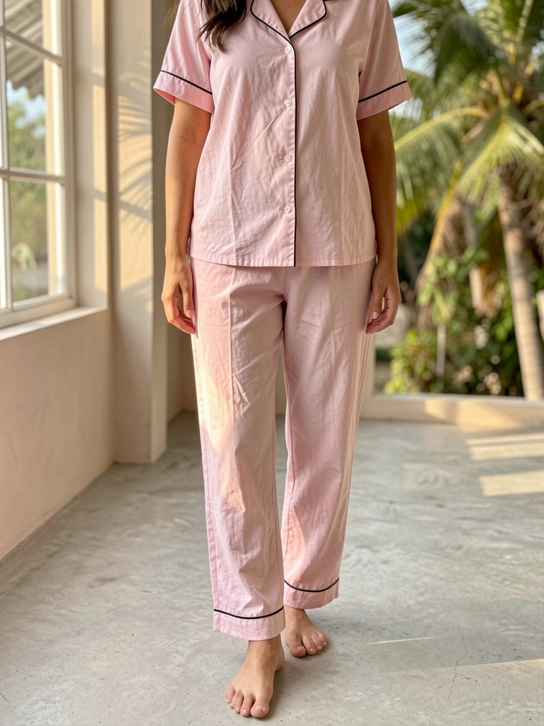 Mulher de pijama de algodão rosa claro com detalhes pretos, em pé descalça sobre piso de concreto cinza, luz natural e fundo desfocado.