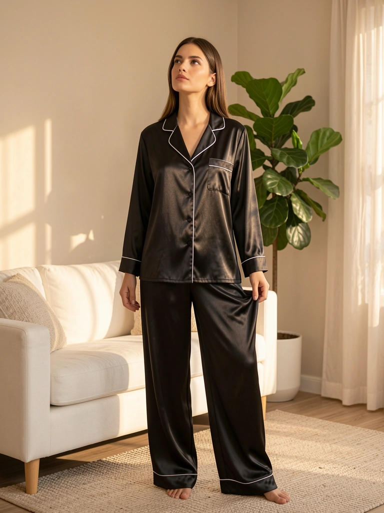 Mulher de pijama preto acetinado com debrum branco em quarto iluminado por luz solar, planta verde e sofá branco ao fundo.