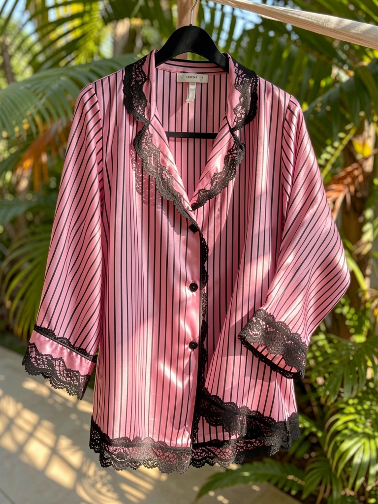 Pijama de cetim listrado rosa e preto com renda preta pendurado em cabide preto, luz natural e sombras suaves.