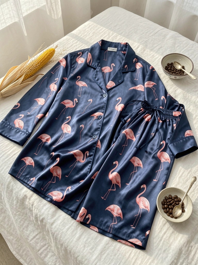 Pijama de cetim azul-marinho com estampa de flamingos sobre lençol de linho branco, tigela de cerâmica com grãos de café e colher à luz natural suave.