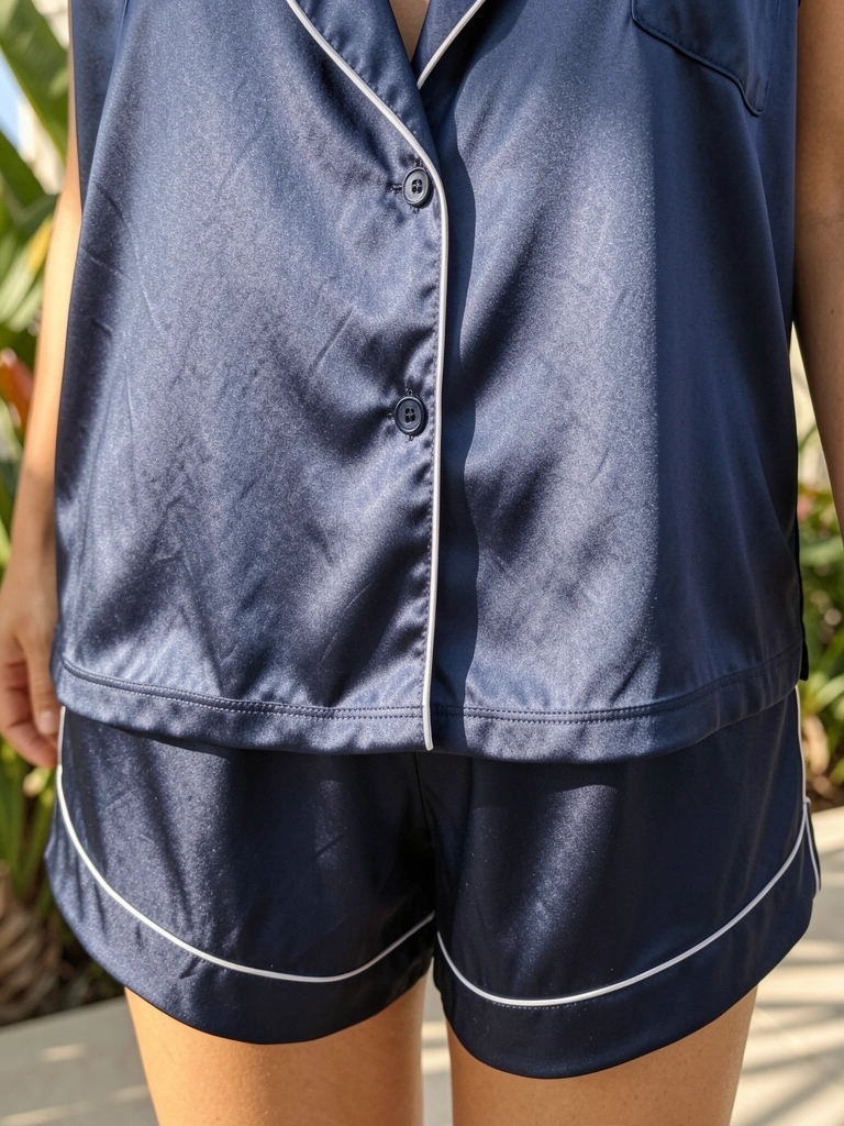 Detalhe de pijama de cetim azul-marinho com gola e barras brancas, fecho de botão único, luz natural difusa e folhagens ao fundo.