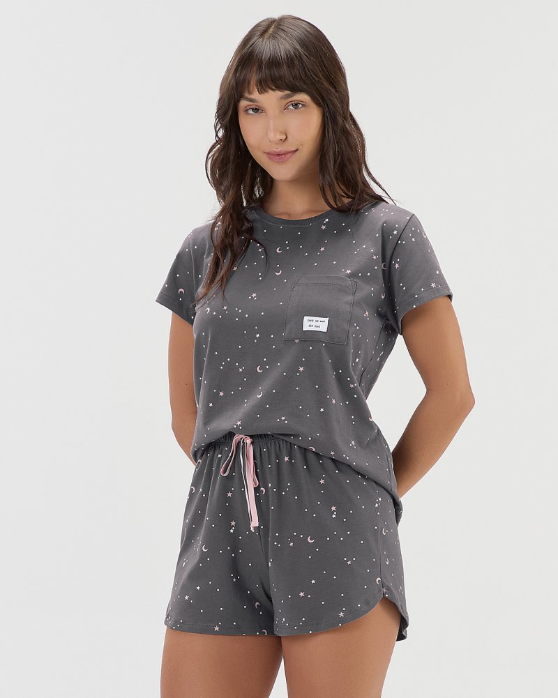 pijama feminino manga longa cinza