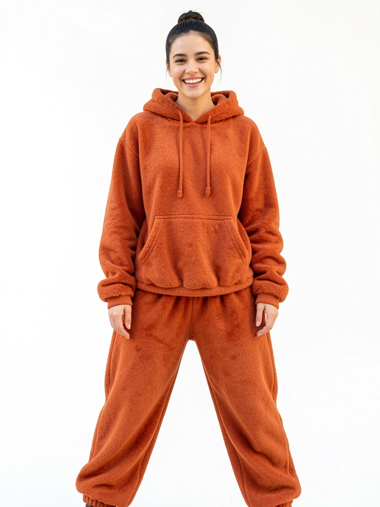 Jovem com moletom e calça felpudos laranja-queimado, sorrindo em fundo branco, textura macia em evidência.