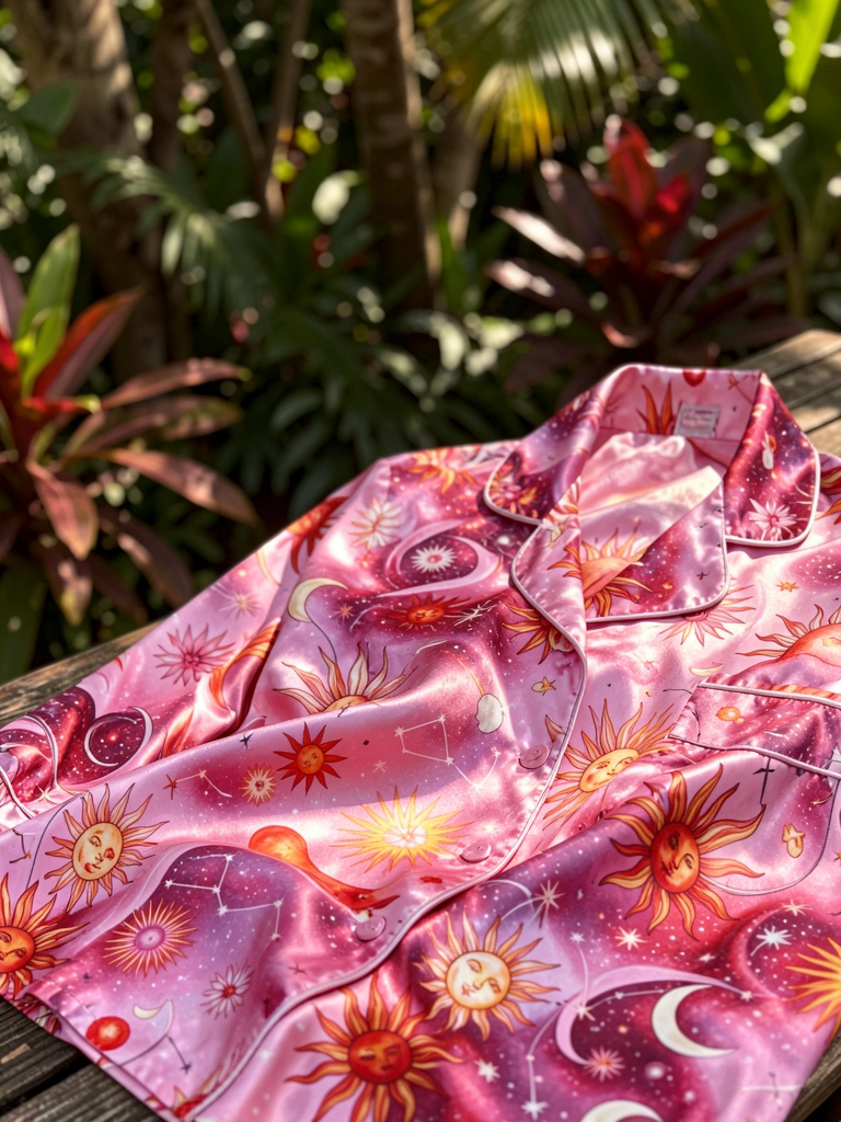 Pijama de cetim rosa com estampa celestial de sóis, luas e flores, luz natural difusa e fundo de jardim desfocado.
