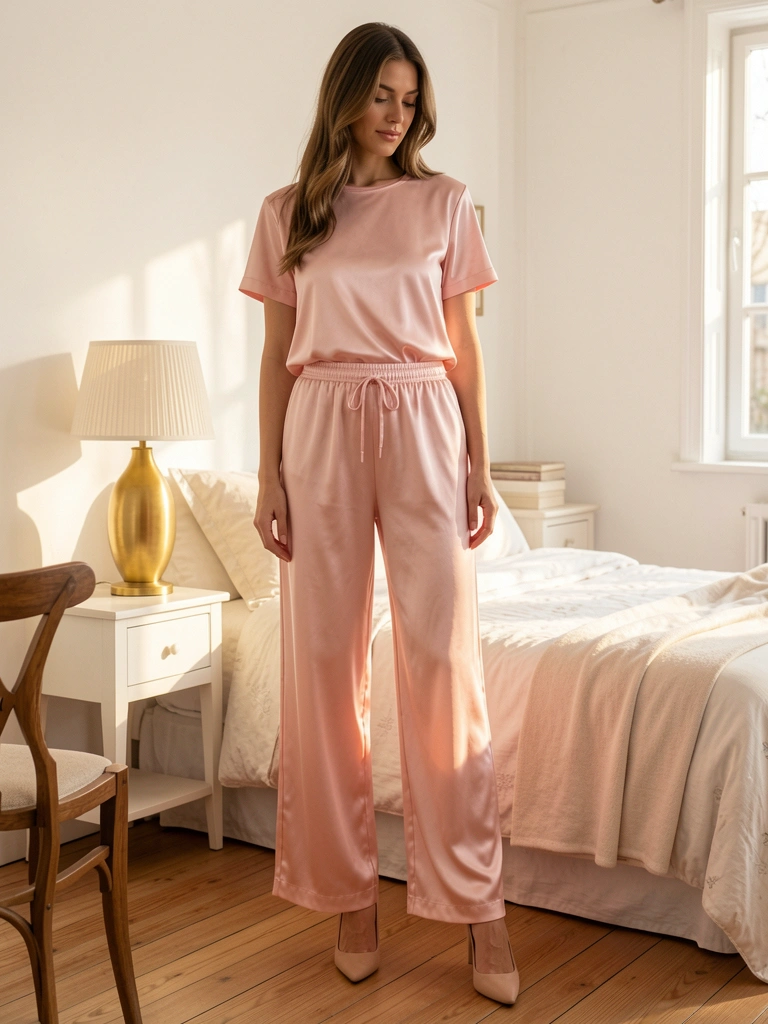 Mulher de pijama de cetim rosa claro em pé sobre cama, abajur dourado ao lado, luz natural entrando pela janela, quarto com paredes brancas e piso de madeira.