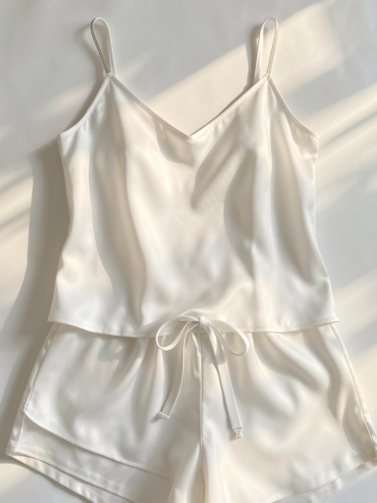 Camisola de seda branca com alças finas e shorts combinando, tecido acetinado com brilho suave sob luz natural tropical.