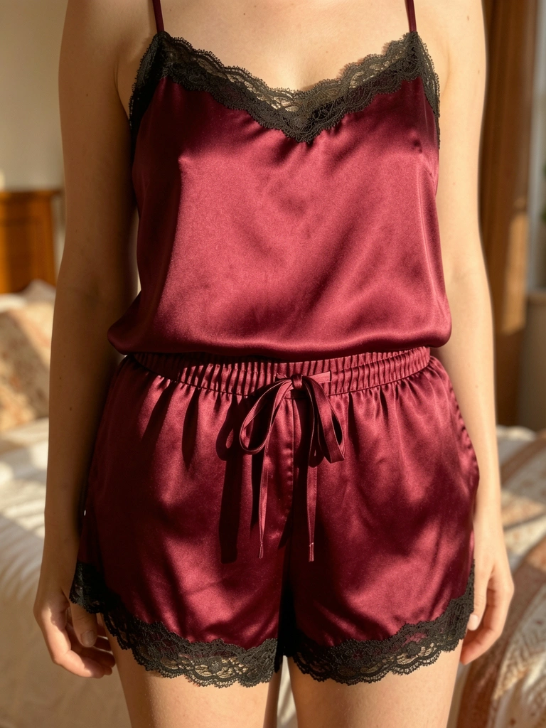 Close-up de pijama de seda vinho com camisola de renda preta e shorts com cordão ajustável, luz quente e fundo desfocado.