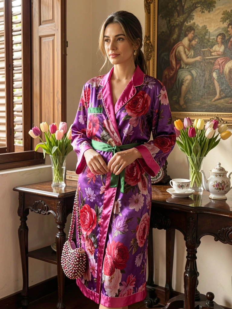 Silk floral pajama set with pink satin trim and green waistband, woman standing by antique table with tulips and porcelain teapot, warm daylight.