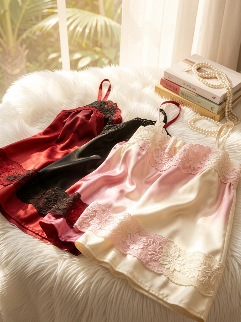 Pijamas de seda e renda em vermelho, preto, rosa e creme sobre manta de pelos branca, com livros e colar de pérolas ao fundo sob luz natural.