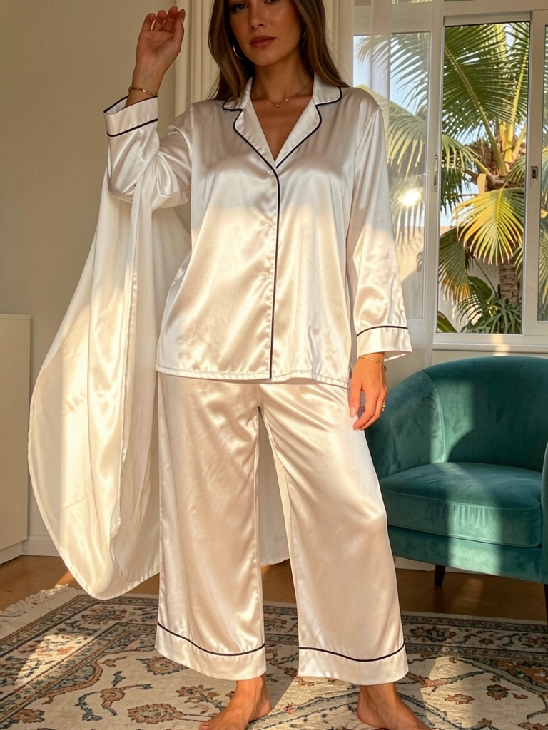 Pijama de cetim branco com detalhes pretos, decote V, mão erguida, luz natural, poltrona azul-petróleo e tapete estampado ao fundo.