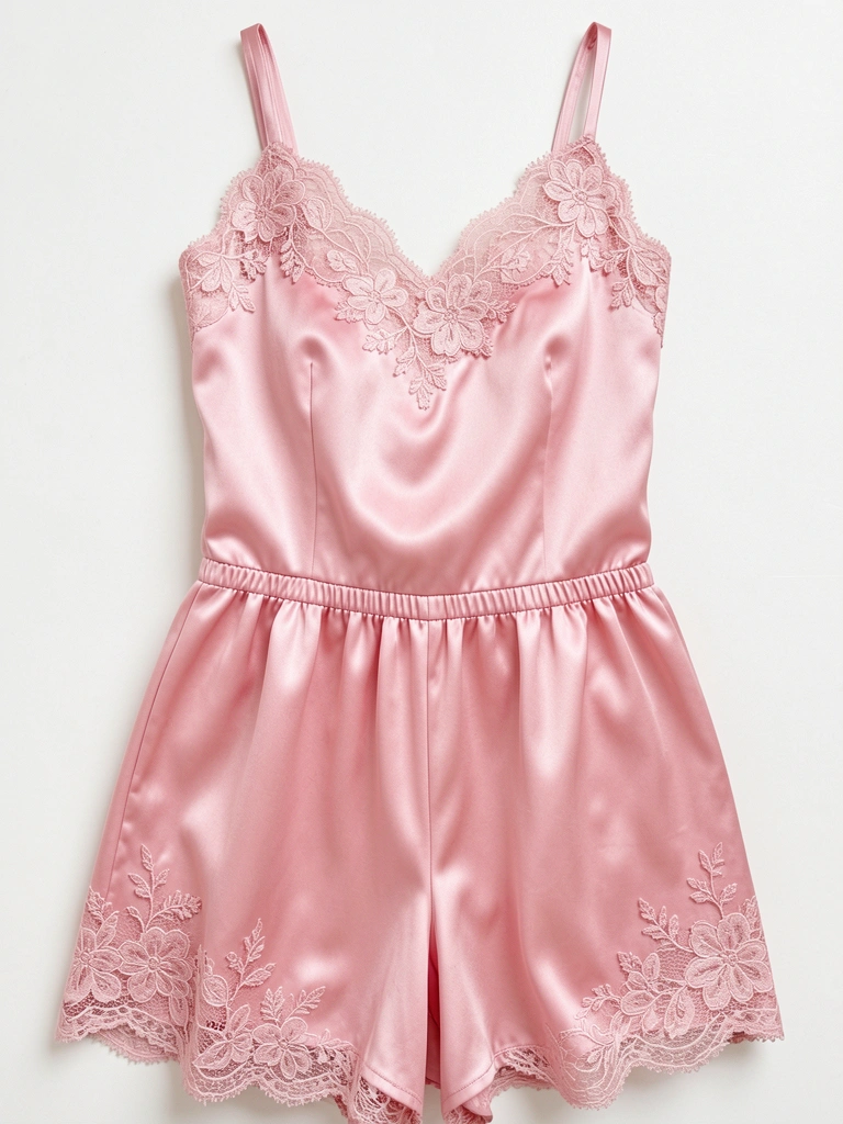 Vestido curto de cetim rosa com alças finas e detalhes de renda floral, shorts combinando e textura acetinada suave.