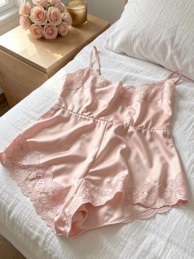 Close-up de camisola e shorts de seda rosa claro com renda, buquê de rosas blush e vela dourada sobre mesa de madeira, luz natural.