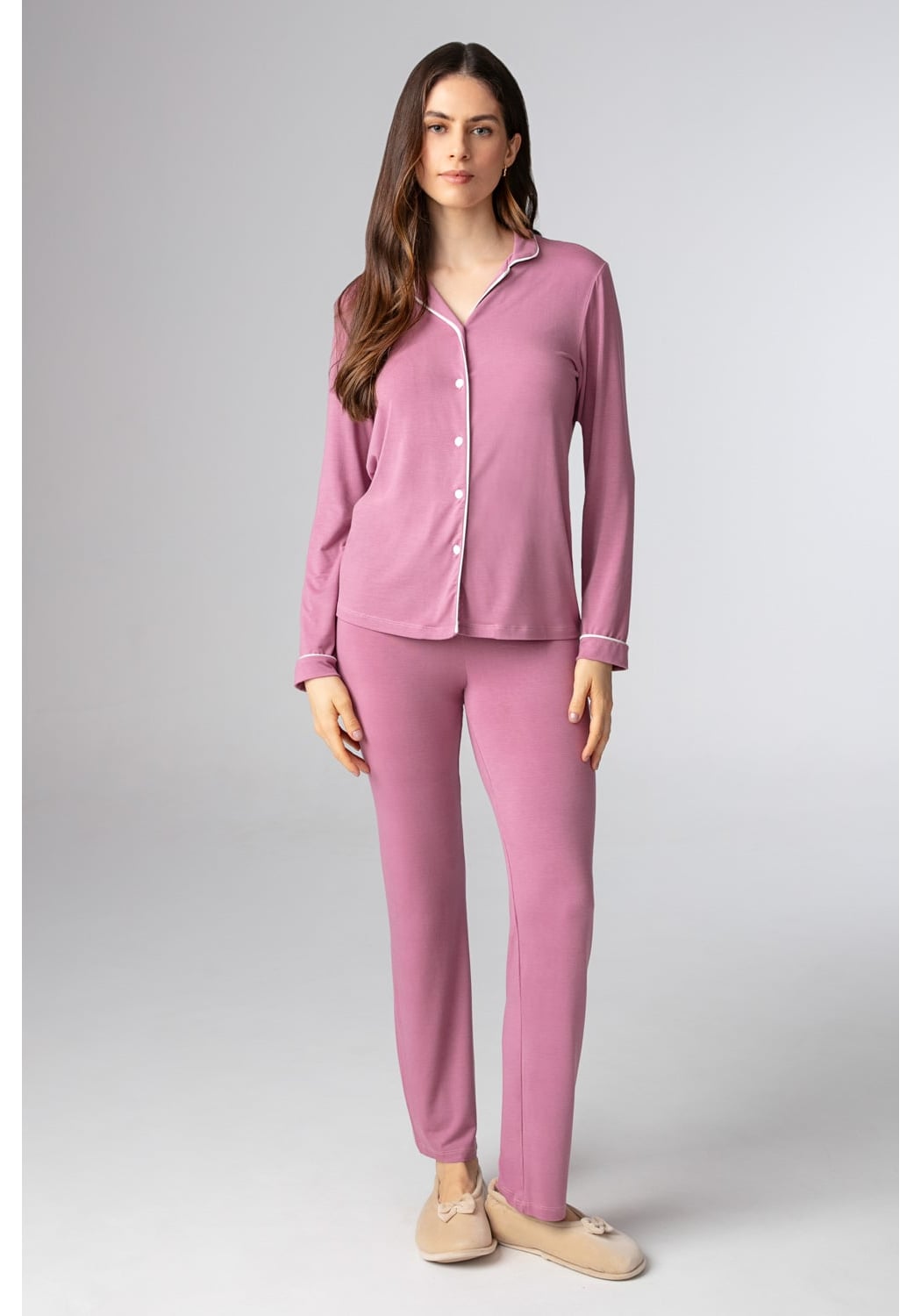 pijama feminino manga longa liso