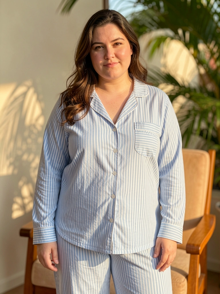 Luz natural destaca textura do pijama listrado azul e branco em mulher plus-size, fundo com cadeira de madeira desfocada.