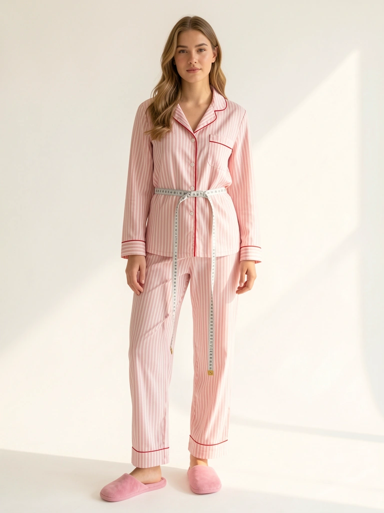 Jovem em pijama listrado rosa e branco com fita métrica na cintura, luz natural suave em estúdio claro.