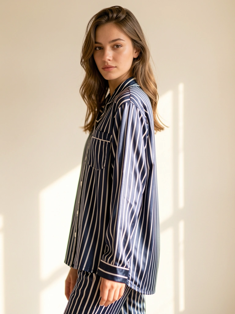 Mulher em pijama listrado azul-marinho e branco de cetim, postura ereta, olhar direto, fundo branco desfocado com luz natural suave.