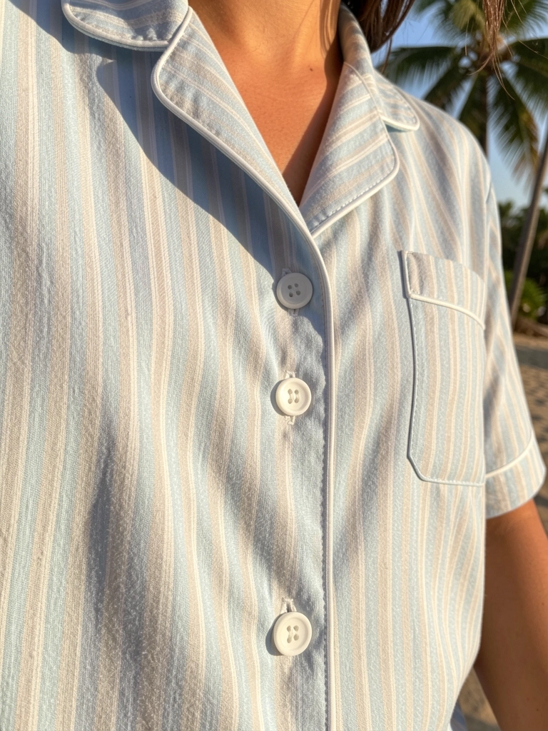 Pijama listrado azul claro e bege com botões brancos, tecido texturizado e luz natural tropical.