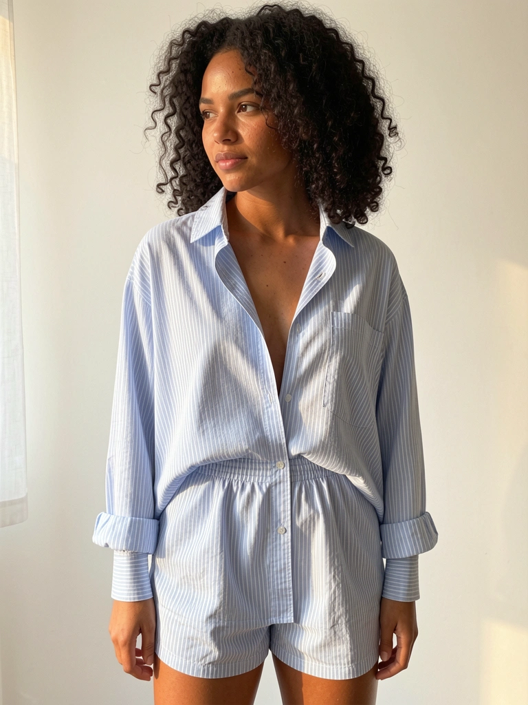 Camisa listrada azul e branca entreaberta sobre pele com textura realista, cabelos cacheados e fundo branco difuso com luz natural.