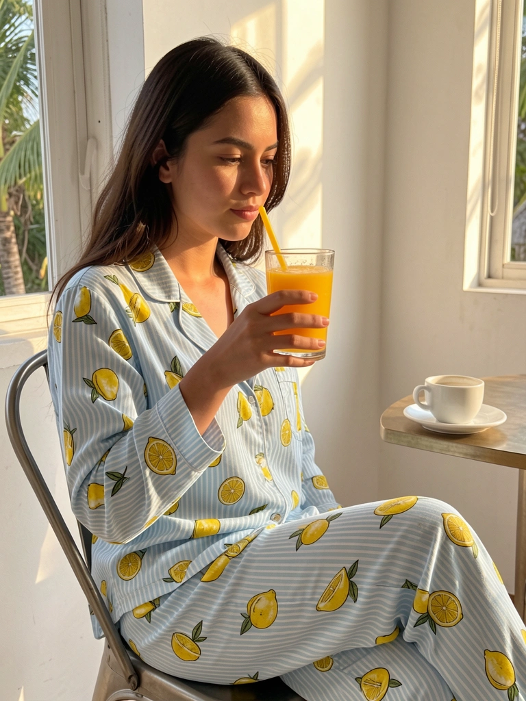 Mulher de pijama listrado com limões segurando copo de suco de laranja, mesa com xícara branca e janela com luz natural.