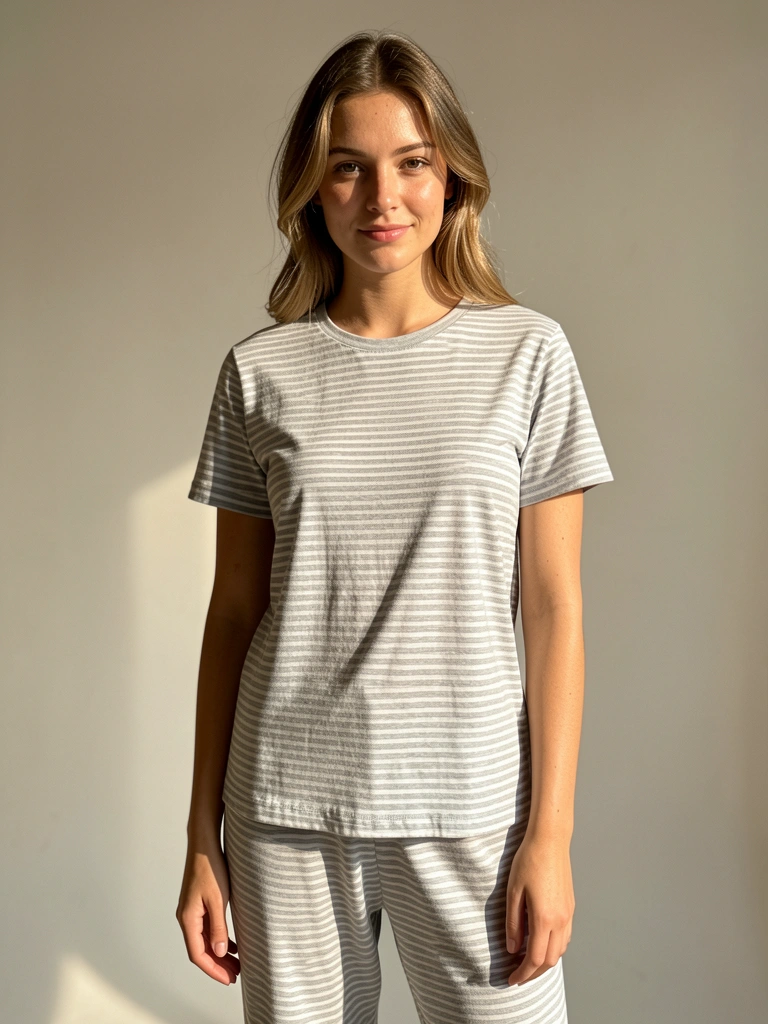 Mulher de camiseta listrada cinza e calça pajama em estúdio com luz natural suave, olhando para a câmera.