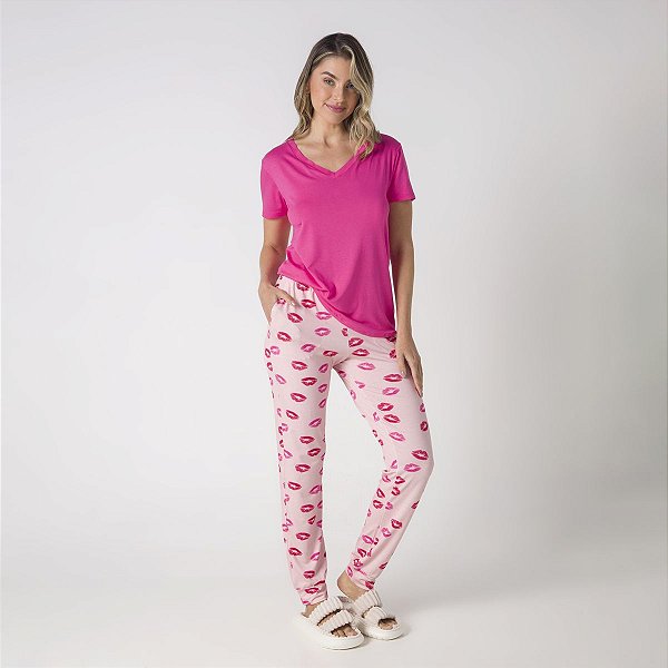pijama rosa manga curta