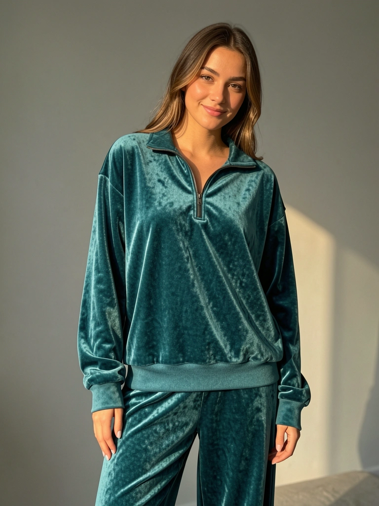 Mulher com moletom e calça de veludo verde-azulado, luz natural e parede cinza ao fundo.