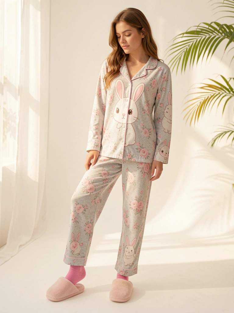 Mulher com pijama floral de coelhinho, meias e chinelos rosa, em fundo branco com luz natural difusa.