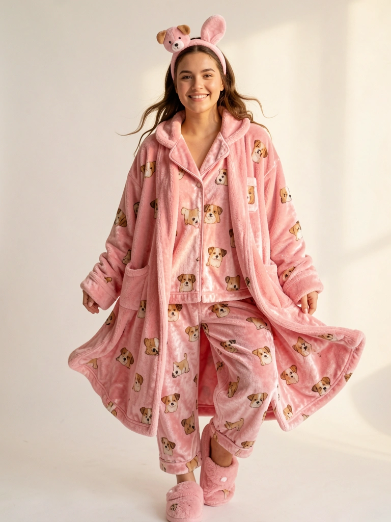 Jovem com pijama felpudo rosa com estampa de cachorro, roupão combinando e acessórios de cabelo com pingente de cachorro, sorrindo para a câmera com iluminação natural.