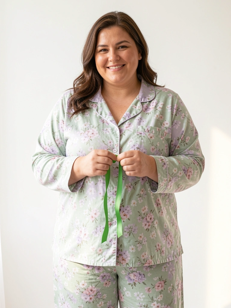 Mulher plus size sorrindo em pijama floral verde e lavanda segurando fita verde, luz natural suave e fundo branco.